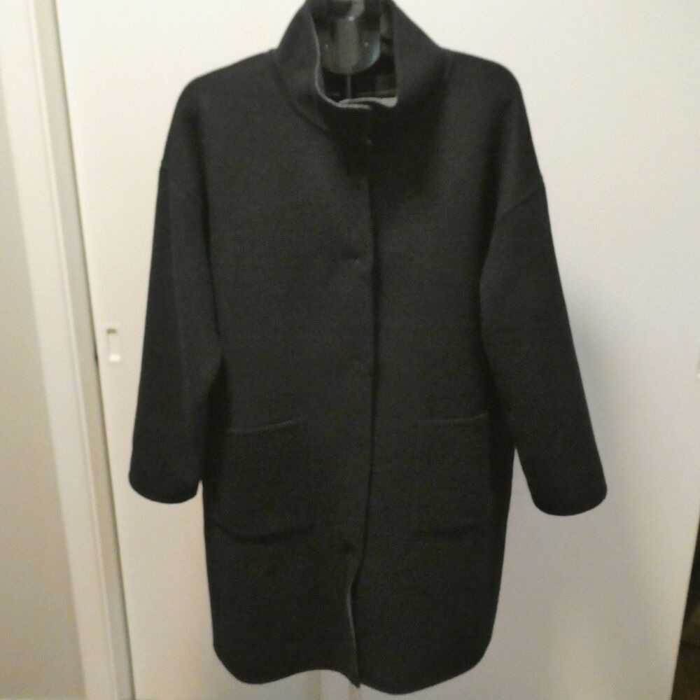 Eileen Fisher Reversible Wool Cashmere Coat L Navy Gray Stand Collar Jacket EUC